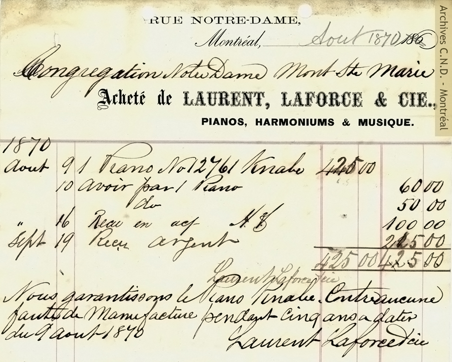 Facture du magasin Laurent, Laforce et cie pour l'achat d'un piano destiné au Mont Sainte-Marie